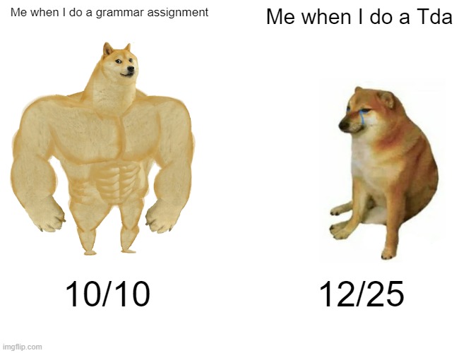Buff Doge vs. Cheems | Me when I do a grammar assignment; Me when I do a Tda; 10/10; 12/25 | image tagged in memes,buff doge vs cheems | made w/ Imgflip meme maker