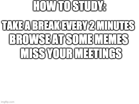 How I study :) | HOW TO STUDY:; TAKE A BREAK EVERY 2 MINUTES; BROWSE AT SOME MEMES; MISS YOUR MEETINGS | image tagged in blank white template | made w/ Imgflip meme maker