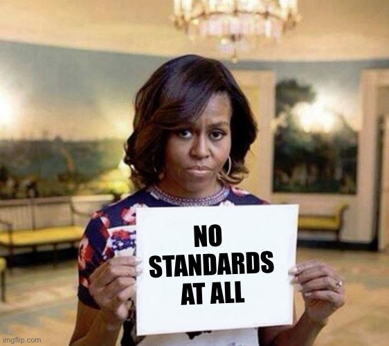 Michelle Obama blank sheet | NO
 STANDARDS
 AT ALL | image tagged in michelle obama blank sheet | made w/ Imgflip meme maker