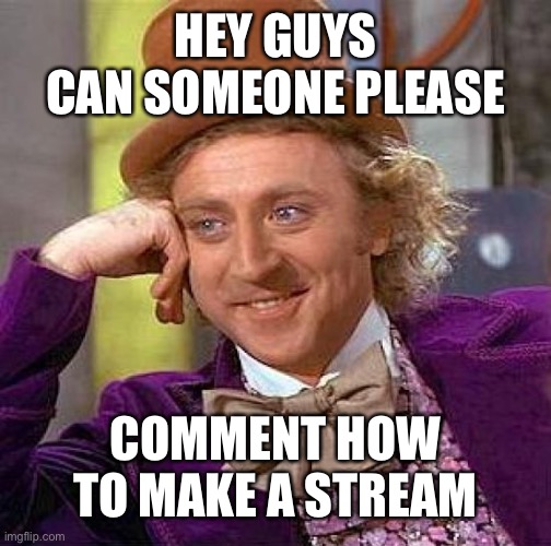 Creepy Condescending Wonka Meme | HEY GUYS
 CAN SOMEONE PLEASE; COMMENT HOW TO MAKE A STREAM | image tagged in memes,creepy condescending wonka | made w/ Imgflip meme maker