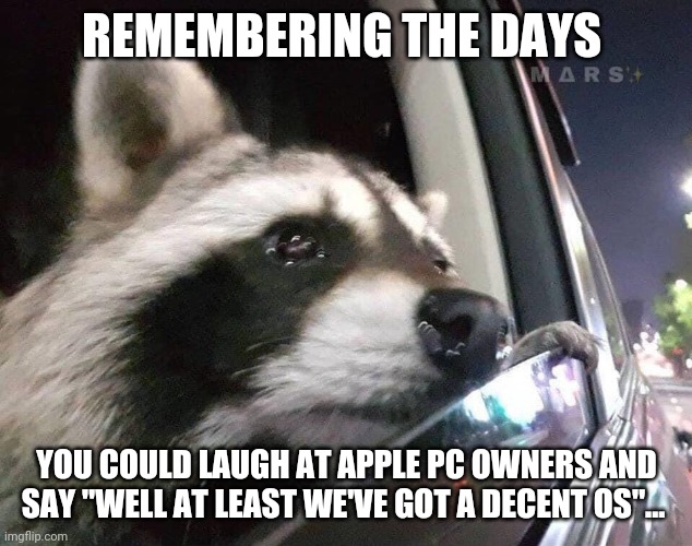 Yes, it's still just a PC. Just with a partially eaten Apple on the back. | REMEMBERING THE DAYS; YOU COULD LAUGH AT APPLE PC OWNERS AND SAY "WELL AT LEAST WE'VE GOT A DECENT OS"... | image tagged in wistful racoon | made w/ Imgflip meme maker