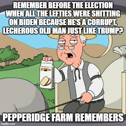 Pepperidge Farm Remembers | REMEMBER BEFORE THE ELECTION WHEN ALL THE LEFTIES WERE SHITTING ON BIDEN BECAUSE HE'S A CORRUPT, LECHEROUS OLD MAN JUST LIKE TRUMP? PEPPERIDGE FARM REMEMBERS | image tagged in memes,pepperidge farm remembers,joe biden | made w/ Imgflip meme maker