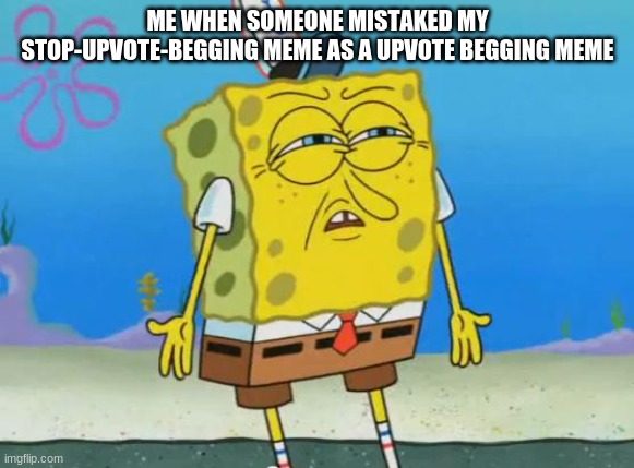 true events | ME WHEN SOMEONE MISTAKED MY STOP-UPVOTE-BEGGING MEME AS A UPVOTE BEGGING MEME | image tagged in angry spongebob | made w/ Imgflip meme maker