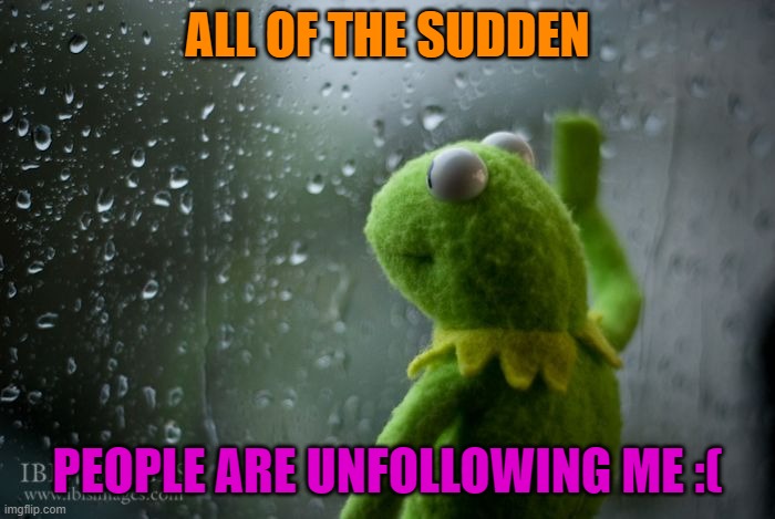 *sad violen music* | ALL OF THE SUDDEN; PEOPLE ARE UNFOLLOWING ME :( | image tagged in kermit window | made w/ Imgflip meme maker