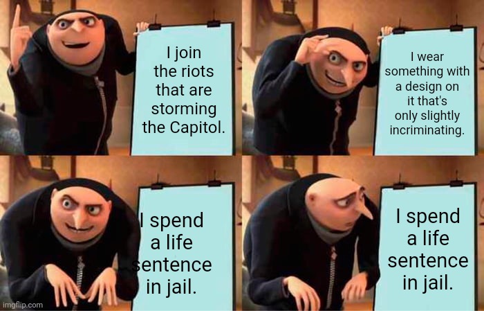 Gru's Plan Meme | I join the riots that are storming the Capitol. I wear something with a design on it that's only slightly incriminating. I spend a life sentence in jail. I spend a life sentence in jail. | image tagged in memes,gru's plan | made w/ Imgflip meme maker