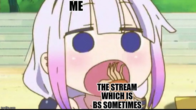Kanna eating a crab | ME; THE STREAM WHICH IS BS SOMETIMES | image tagged in kanna eating a crab | made w/ Imgflip meme maker