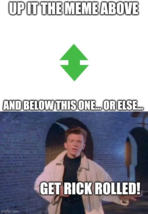 UP IT THE MEME ABOVE; AND BELOW THIS ONE... OR ELSE... GET RICK ROLLED! | image tagged in never gonna give you up,never gonna let you down | made w/ Imgflip meme maker