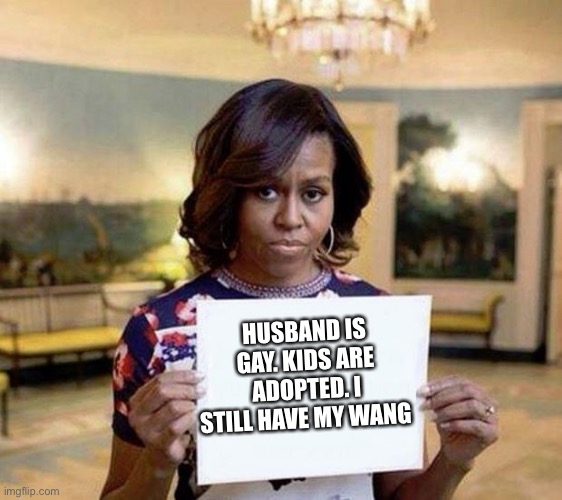 Michelle Obama blank sheet | HUSBAND IS GAY. KIDS ARE ADOPTED. I STILL HAVE MY WANG | image tagged in michelle obama blank sheet | made w/ Imgflip meme maker