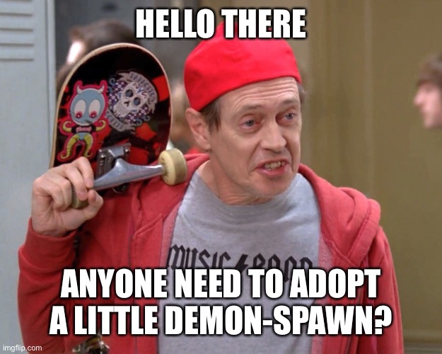 Steve Buscemi Fellow Kids | HELLO THERE; ANYONE NEED TO ADOPT A LITTLE DEMON-SPAWN? | image tagged in steve buscemi fellow kids | made w/ Imgflip meme maker