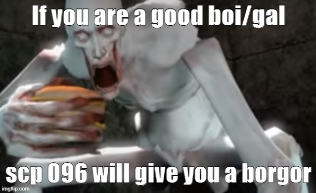 borgor | If you are a good boi/gal; scp 096 will give you a borgor | image tagged in scp 096 burger | made w/ Imgflip meme maker