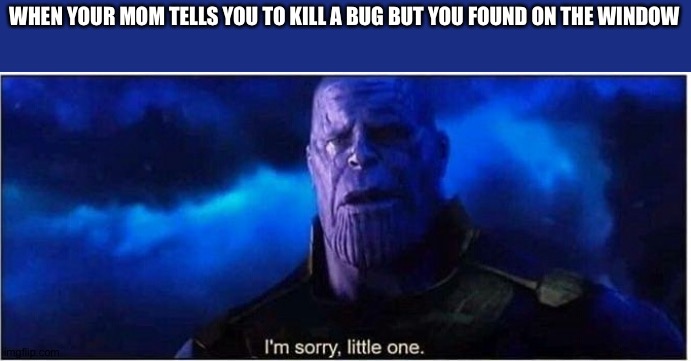 Thanos I'm sorry little one | WHEN YOUR MOM TELLS YOU TO KILL A BUG BUT YOU FOUND ON THE WINDOW | image tagged in thanos i'm sorry little one | made w/ Imgflip meme maker