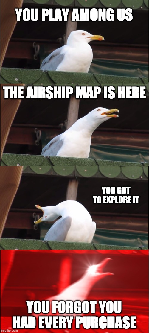 airship90s | YOU PLAY AMONG US; THE AIRSHIP MAP IS HERE; YOU GOT TO EXPLORE IT; YOU FORGOT YOU HAD EVERY PURCHASE | image tagged in memes,inhaling seagull | made w/ Imgflip meme maker
