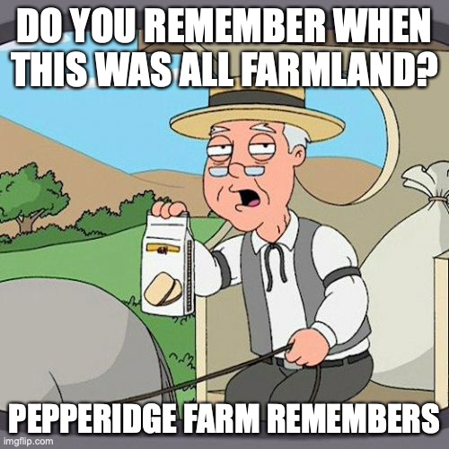 Farm Land | DO YOU REMEMBER WHEN THIS WAS ALL FARMLAND? PEPPERIDGE FARM REMEMBERS | image tagged in memes,pepperidge farm remembers | made w/ Imgflip meme maker