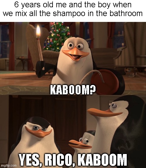kaboom? | 6 years old me and the boy when we mix all the shampoo in the bathroom; KABOOM? YES, RICO, KABOOM | image tagged in madagascar penguin kaboom | made w/ Imgflip meme maker