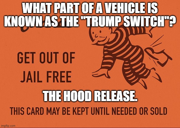 #PardonMe, Trump. | WHAT PART OF A VEHICLE IS KNOWN AS THE "TRUMP SWITCH"? THE HOOD RELEASE. | image tagged in trump,pardon,prison,criminals,lock him up,president | made w/ Imgflip meme maker