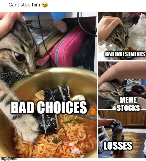 BAD INVESTMENTS; MEME STOCKS; BAD CHOICES; LOSSES | made w/ Imgflip meme maker
