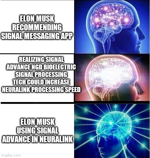 Expanding brain 3 panels | ELON MUSK RECOMMENDING SIGNAL MESSAGING APP; REALIZING SIGNAL ADVANCE NGD BIOELECTRIC SIGNAL PROCESSING TECH COULD INCREASE NEURALINK PROCESSING SPEED; ELON MUSK USING SIGNAL ADVANCE IN NEURALINK | image tagged in expanding brain 3 panels | made w/ Imgflip meme maker