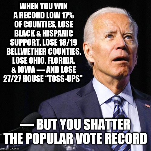 Puppet Biden | WHEN YOU WIN A RECORD LOW 17% OF COUNTIES, LOSE BLACK & HISPANIC SUPPORT, LOSE 18/19 BELLWETHER COUNTIES, LOSE OHIO, FLORIDA, & IOWA — AND LOSE 27/27 HOUSE “TOSS-UPS”; — BUT YOU SHATTER THE POPULAR VOTE RECORD | image tagged in puppet biden | made w/ Imgflip meme maker