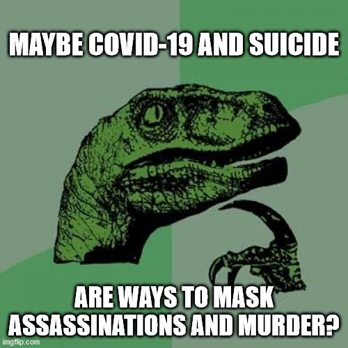 Philosoraptor | MAYBE COVID-19 AND SUICIDE; ARE WAYS TO MASK ASSASSINATIONS AND MURDER? | image tagged in memes,philosoraptor | made w/ Imgflip meme maker