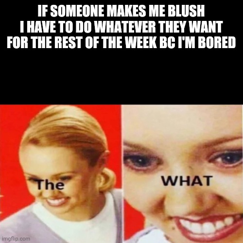 The What | IF SOMEONE MAKES ME BLUSH I HAVE TO DO WHATEVER THEY WANT FOR THE REST OF THE WEEK BC I'M BORED | image tagged in the what | made w/ Imgflip meme maker