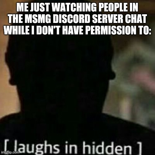 I a m I n v i s i b l e | ME JUST WATCHING PEOPLE IN THE MSMG DISCORD SERVER CHAT WHILE I DON'T HAVE PERMISSION TO: | image tagged in laughs in hidden | made w/ Imgflip meme maker
