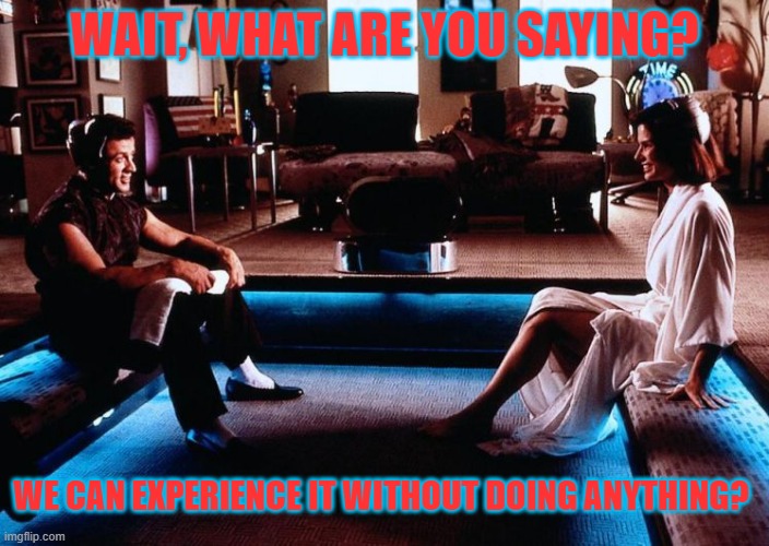 What are you saying | WAIT, WHAT ARE YOU SAYING? WE CAN EXPERIENCE IT WITHOUT DOING ANYTHING? | image tagged in demolition-man | made w/ Imgflip meme maker