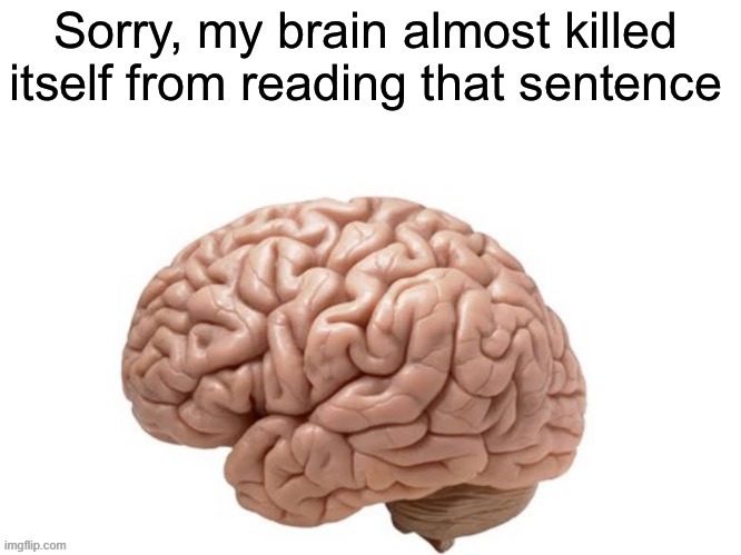 Sorry, my brain almost killed itself from reading that sentence | image tagged in sorry my brain almost killed itself from reading that sentence | made w/ Imgflip meme maker
