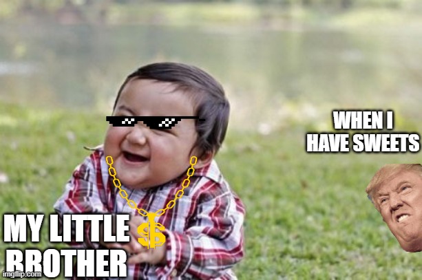Evil Toddler | WHEN I HAVE SWEETS; MY LITTLE BROTHER | image tagged in memes,evil toddler | made w/ Imgflip meme maker