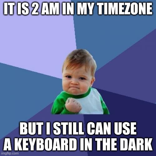 true story | IT IS 2 AM IN MY TIMEZONE; BUT I STILL CAN USE A KEYBOARD IN THE DARK | image tagged in memes,funny,success kid,keyboard | made w/ Imgflip meme maker