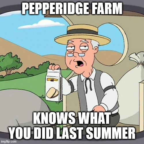 remember last summer? | PEPPERIDGE FARM; KNOWS WHAT YOU DID LAST SUMMER | image tagged in memes,pepperidge farm remembers | made w/ Imgflip meme maker