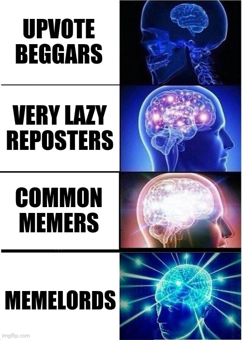 Expanding Brain | UPVOTE BEGGARS; VERY LAZY REPOSTERS; COMMON MEMERS; MEMELORDS | image tagged in memes,expanding brain,meme war | made w/ Imgflip meme maker