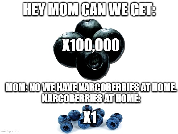 Blank White Template | HEY MOM CAN WE GET:; X100,000; MOM: NO WE HAVE NARCOBERRIES AT HOME.
NARCOBERRIES AT HOME:; X1 | image tagged in blueberry,narcoberry,why are you reading this,seriously why,ark memes | made w/ Imgflip meme maker