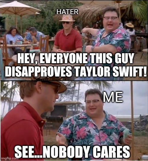 See Nobody Cares Meme | HATER; HEY, EVERYONE THIS GUY DISAPPROVES TAYLOR SWIFT! ME; SEE...NOBODY CARES | image tagged in memes,see nobody cares | made w/ Imgflip meme maker