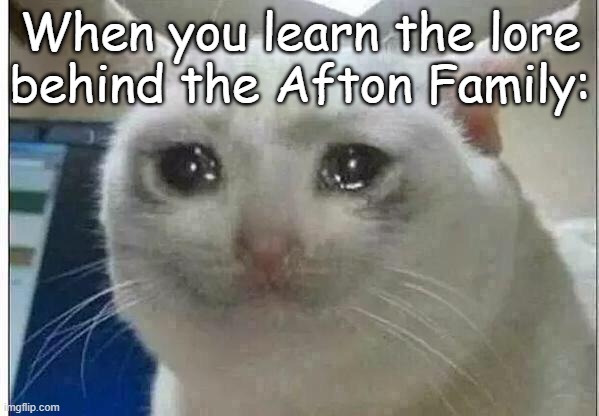 fnaf fans should get it. | When you learn the lore behind the Afton Family: | image tagged in crying cat,fnaf | made w/ Imgflip meme maker