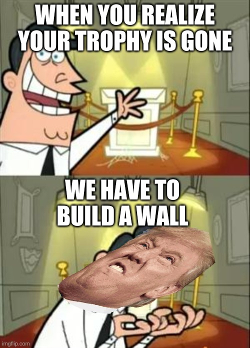 This Is Where I'd Put My Trophy If I Had One | WHEN YOU REALIZE YOUR TROPHY IS GONE; WE HAVE TO BUILD A WALL | image tagged in memes,this is where i'd put my trophy if i had one | made w/ Imgflip meme maker