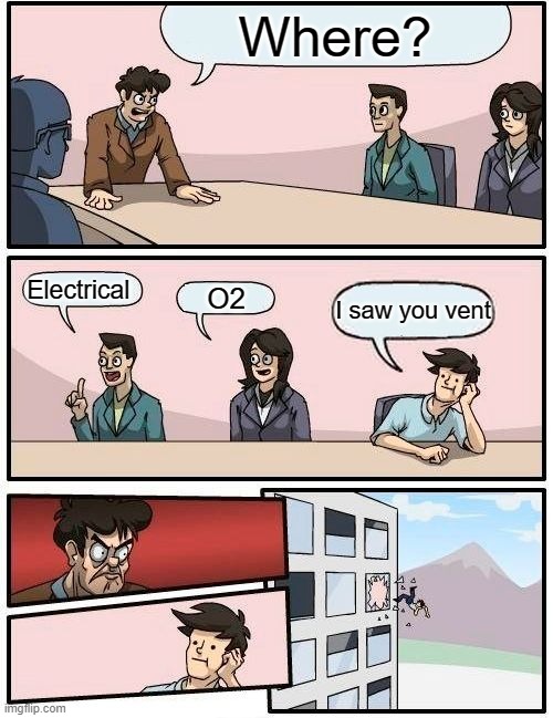 The boss and 3rd client was an imposter | Where? Electrical; O2; I saw you vent | image tagged in memes,boardroom meeting suggestion | made w/ Imgflip meme maker