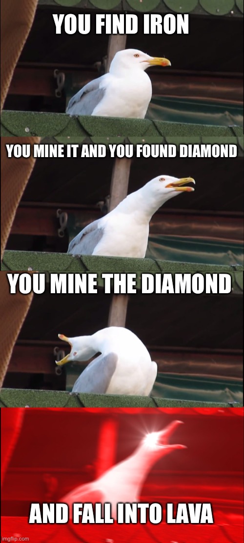Inhaling Seagull Meme | YOU FIND IRON; YOU MINE IT AND YOU FOUND DIAMOND; YOU MINE THE DIAMOND; AND FALL INTO LAVA | image tagged in memes,inhaling seagull | made w/ Imgflip meme maker