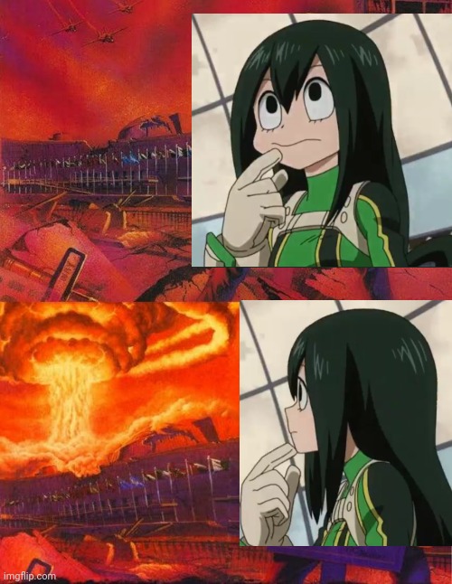 New template involving best mha girl | image tagged in skeleton looking at explosion,my hero academia,kermit the frog | made w/ Imgflip meme maker