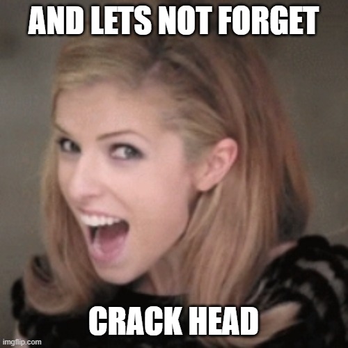 Anna kendrick | AND LETS NOT FORGET CRACK HEAD | image tagged in anna kendrick | made w/ Imgflip meme maker
