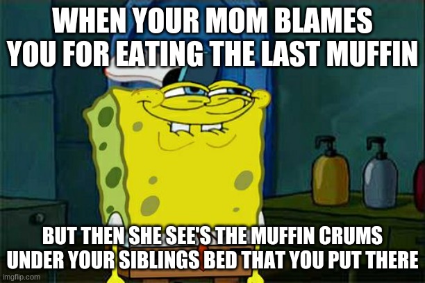 Don't You Squidward | WHEN YOUR MOM BLAMES YOU FOR EATING THE LAST MUFFIN; BUT THEN SHE SEE'S THE MUFFIN CRUMS UNDER YOUR SIBLINGS BED THAT YOU PUT THERE | image tagged in memes,don't you squidward | made w/ Imgflip meme maker