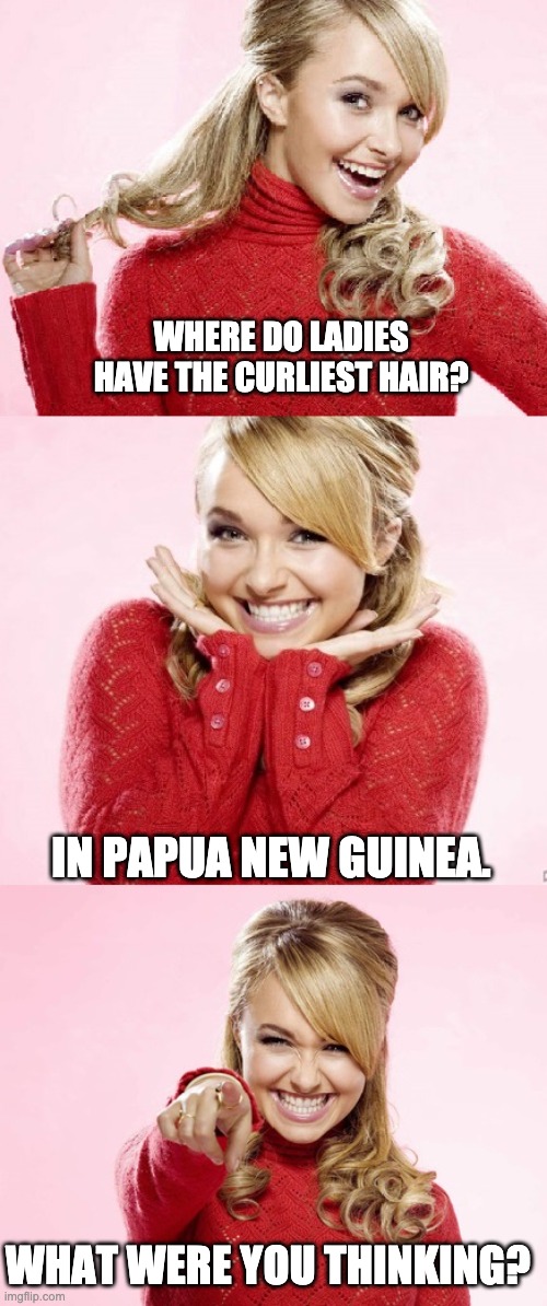 Curly Hair | WHERE DO LADIES HAVE THE CURLIEST HAIR? IN PAPUA NEW GUINEA. WHAT WERE YOU THINKING? | image tagged in hayden red pun | made w/ Imgflip meme maker