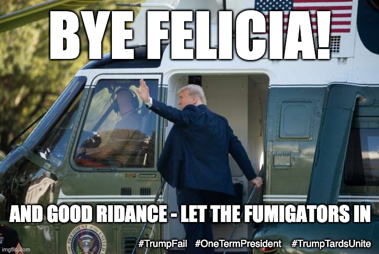 What a great day in America! | BYE FELICIA! AND GOOD RIDANCE - LET THE FUMIGATORS IN; #TrumpFail   #OneTermPresident    #TrumpTardsUnite | image tagged in donald trump marine one,loser,failure,terrorist,traitor,white trash | made w/ Imgflip meme maker