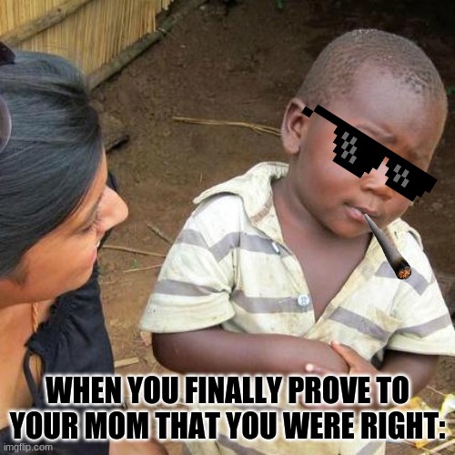 Third World Skeptical Kid | WHEN YOU FINALLY PROVE TO YOUR MOM THAT YOU WERE RIGHT: | image tagged in memes,third world skeptical kid | made w/ Imgflip meme maker