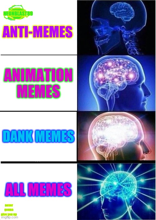 the types of memes (this is a joke, the bottom panel pulverizes the top three panels) | ANTI-MEMES; ANIMATION MEMES; DANK MEMES; ALL MEMES; never gonna give you up | image tagged in memes,expanding brain | made w/ Imgflip meme maker