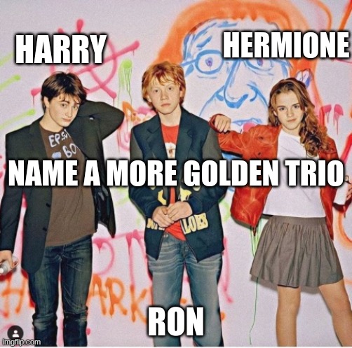 golden trio | HERMIONE; HARRY; NAME A MORE GOLDEN TRIO; RON | image tagged in harry potter,ron weasley,hermione granger | made w/ Imgflip meme maker