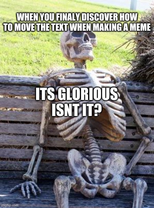 Waiting Skeleton | WHEN YOU FINALY DISCOVER HOW TO MOVE THE TEXT WHEN MAKING A MEME; ITS GLORIOUS ISNT IT? | image tagged in memes,waiting skeleton | made w/ Imgflip meme maker