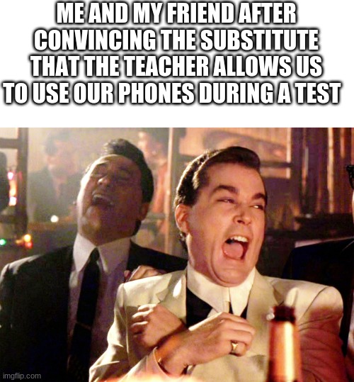Good Fellas Hilarious Meme | ME AND MY FRIEND AFTER CONVINCING THE SUBSTITUTE THAT THE TEACHER ALLOWS US TO USE OUR PHONES DURING A TEST | image tagged in memes,good fellas hilarious | made w/ Imgflip meme maker