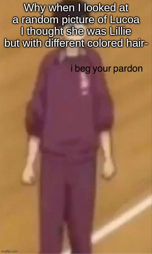 I beg your pardon | Why when I looked at a random picture of Lucoa I thought she was Lillie but with different colored hair- | image tagged in i beg your pardon | made w/ Imgflip meme maker