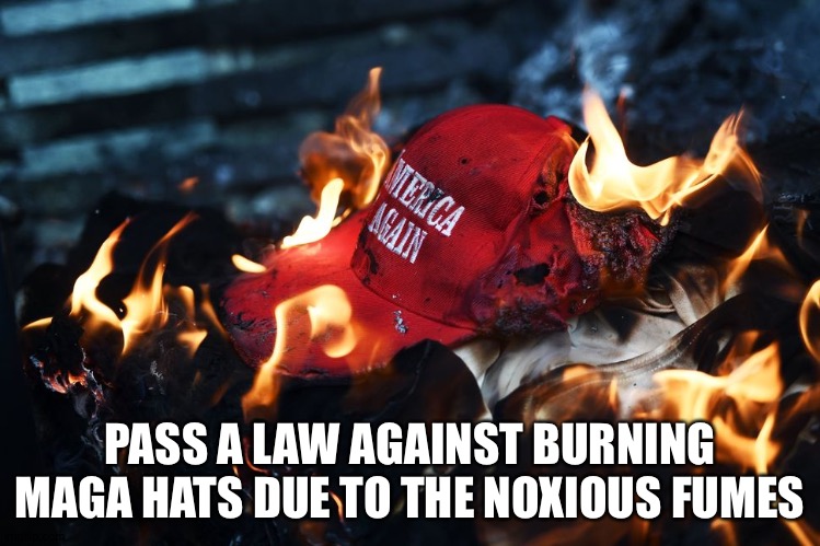 MAGA hat burn fire | PASS A LAW AGAINST BURNING MAGA HATS DUE TO THE NOXIOUS FUMES | image tagged in maga hat burn fire | made w/ Imgflip meme maker