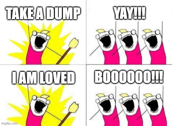 love sucks | TAKE A DUMP; YAY!!! BOOOOOO!!! I AM LOVED | image tagged in memes,what do we want | made w/ Imgflip meme maker
